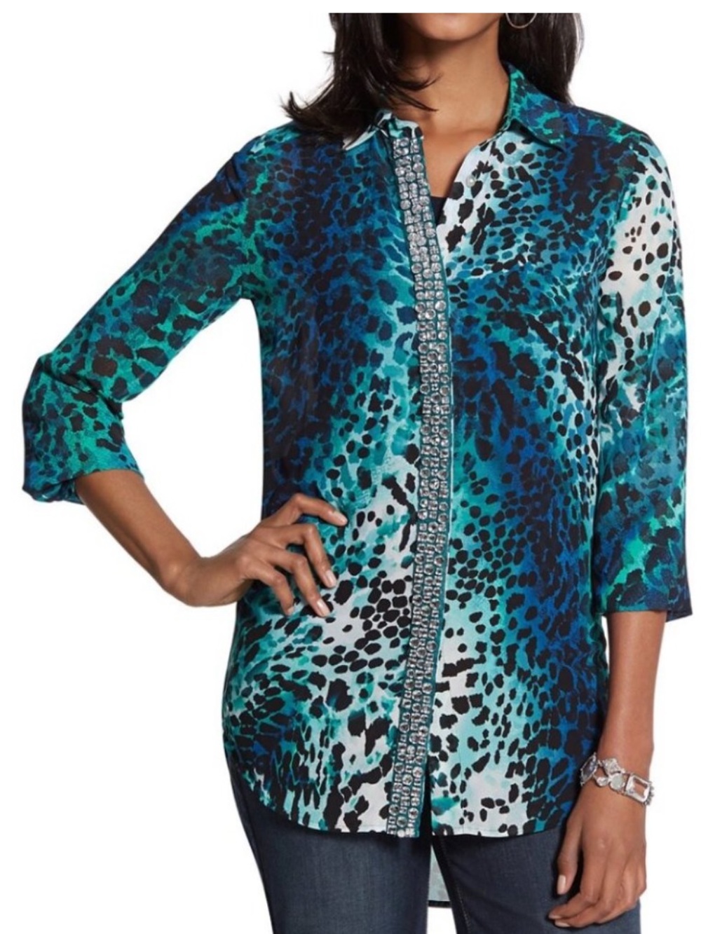 Chico's Rhinestone Animal Print Blouse Blue Green Teal Size 3 XL Glam Resort